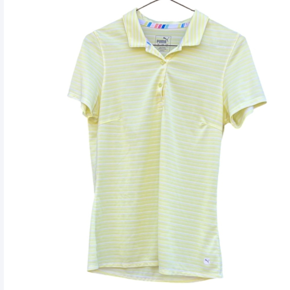 Puma Yellow Striped Golf Polo Short Sleeved Shirt Size Small Athletic